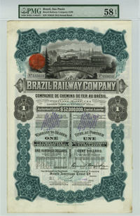 Brazil Railway Co. - 1912 dated Railroad Stock Certificate with Dividend Coupons Attached
